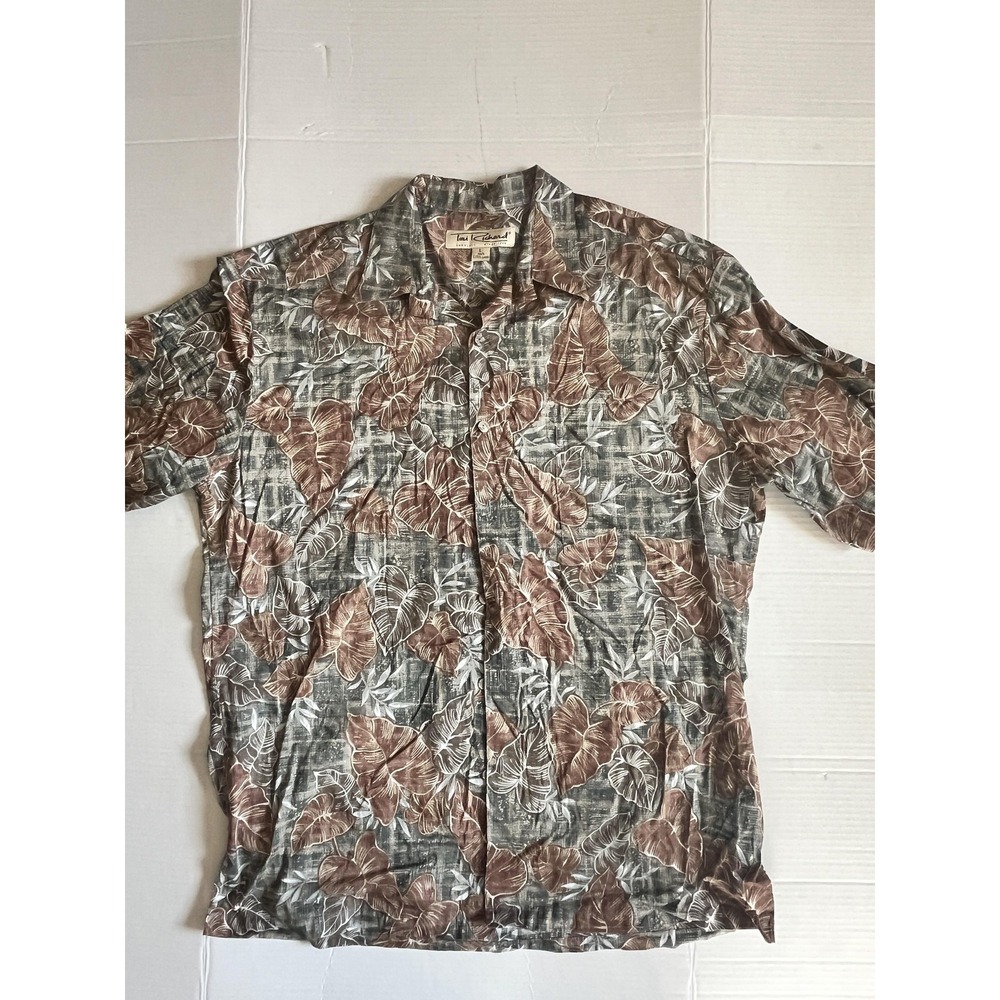 Tori Richard Shirt Mens Large Brown Gray Tropical Leaf Aloha Camp Cotton Lawn